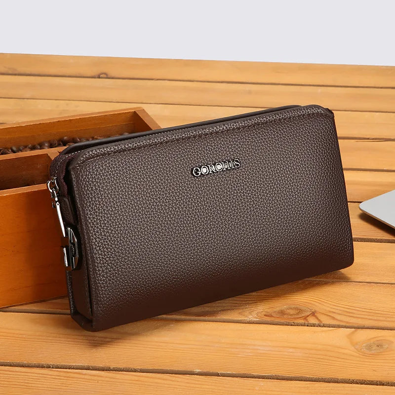 Men's Biometric Clutch Bag With Fingerprint Lock, Secure Anti-Theft Organizer in brown textured PU material with zippered compartments