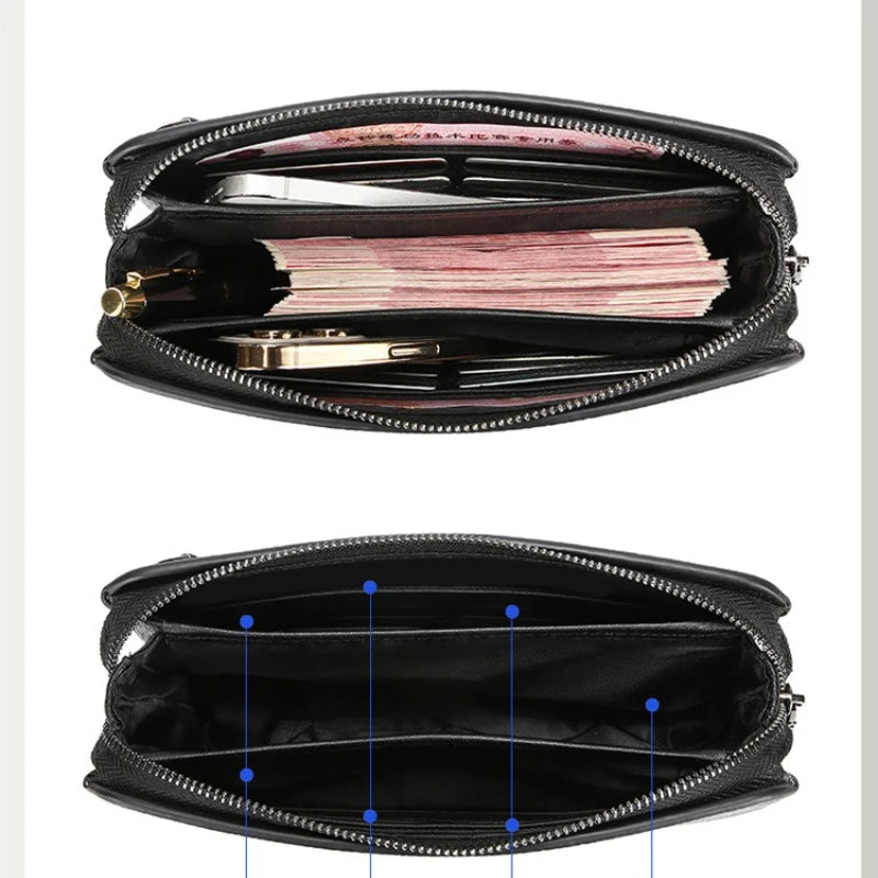 Men's Biometric Clutch Bag With Fingerprint Lock, Secure Anti-Theft Organizer opened to show multiple compartments for cash, cards, phone, and essentials