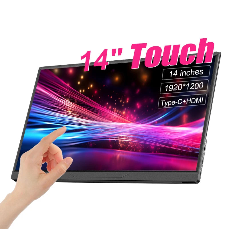 Ultimate Portable Touch Screen Display shown as a slim 14-inch portable monitor for work, gaming, and travel