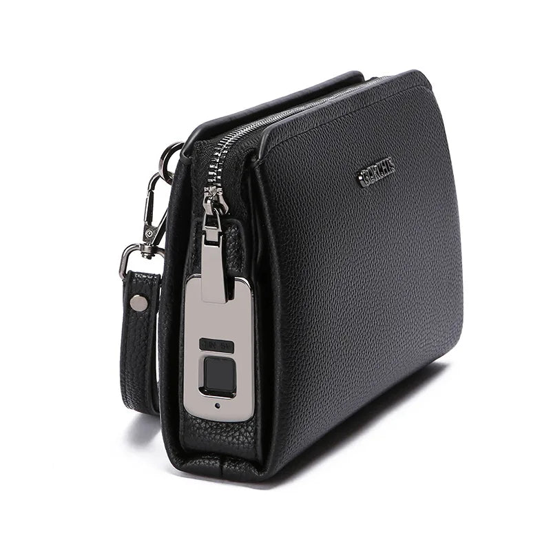 Men's Biometric Clutch Bag With Fingerprint Lock, Secure Anti-Theft Organizer in black PU leather with a front fingerprint security lock and wrist strap