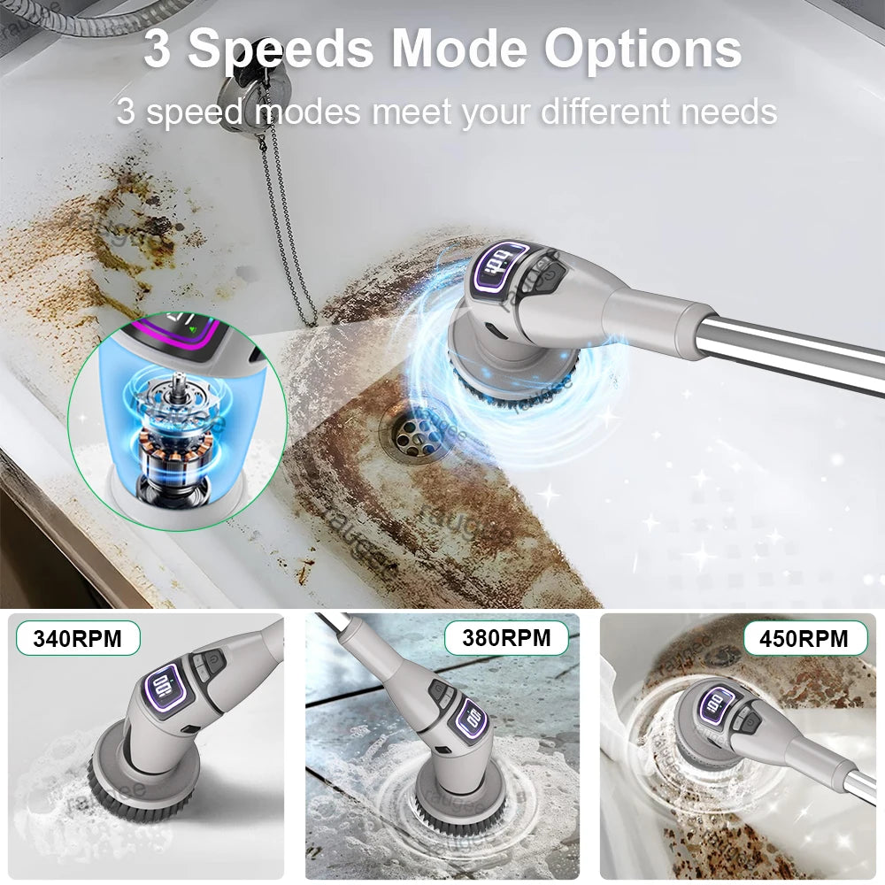 PowerClean 10-in-1 Electric Spin Scrubber removing soap scum and hard water stains from bathroom surfaces