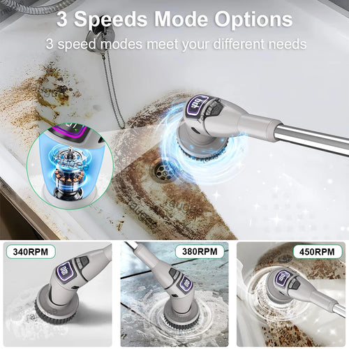PowerClean 10-in-1 Electric Spin Scrubber removing soap scum and hard water stains from bathroom surfaces