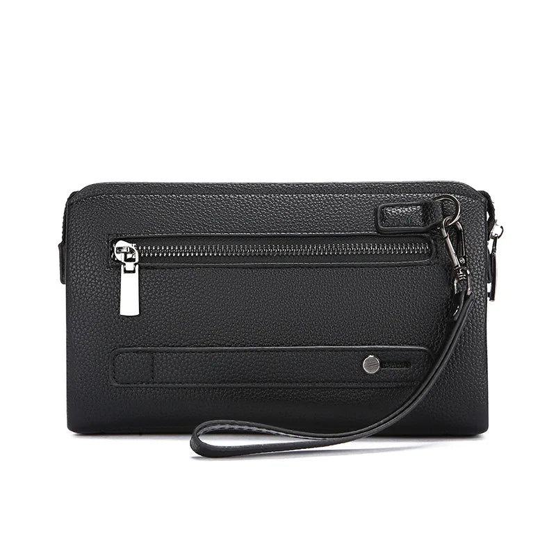 Men's Biometric Clutch Bag With Fingerprint Lock, Secure Anti-Theft Organizer displayed from the back with zippered pocket and wrist strap