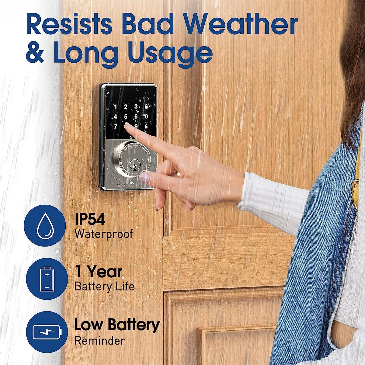 Smart Lock Pro with Keyless Entry featuring rechargeable battery power and backup mechanical keys