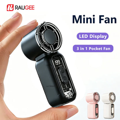 Portable Handheld Mini Fan, Rechargeable USB Personal Cooling Breeze For Travel And Outdoors shown as a compact 3-in-1 pocket fan with LED display and handheld design