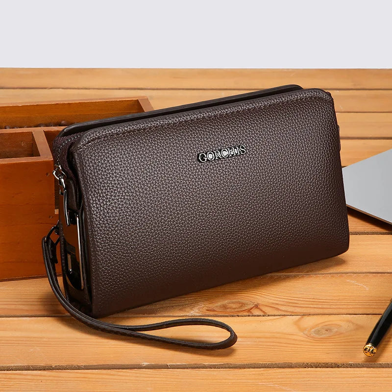 Men's Biometric Clutch Bag With Fingerprint Lock, Secure Anti-Theft Organizer in brown with wrist strap and spacious design
