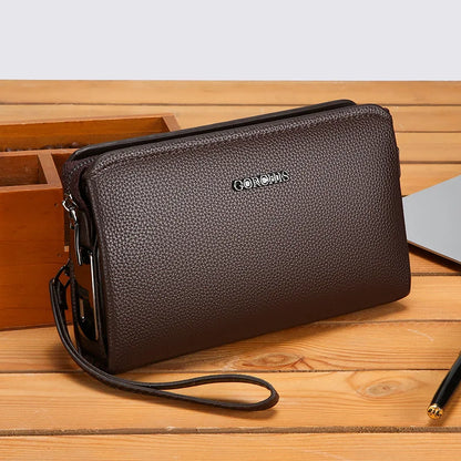 Men's Biometric Clutch Bag With Fingerprint Lock, Secure Anti-Theft Organizer in brown with wrist strap and spacious design