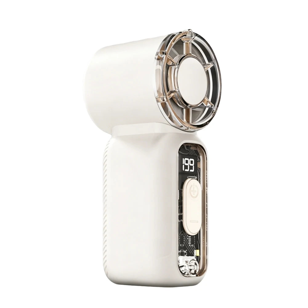 Portable Handheld Mini Fan, Rechargeable USB Personal Cooling Breeze For Travel And Outdoors in white with digital display and rechargeable USB design