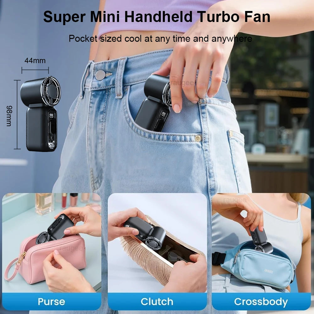 Portable Handheld Mini Fan, Rechargeable USB Personal Cooling Breeze For Travel And Outdoors shown as a super mini pocket fan fitting in a purse, clutch, or crossbody bag