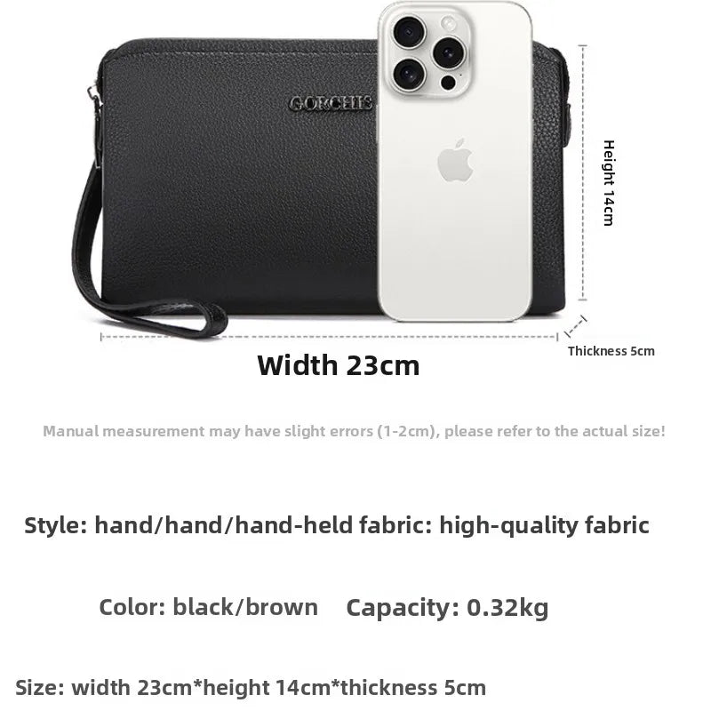 Men's Biometric Clutch Bag With Fingerprint Lock, Secure Anti-Theft Organizer shown beside a smartphone with 23cm width and 14cm height dimensions