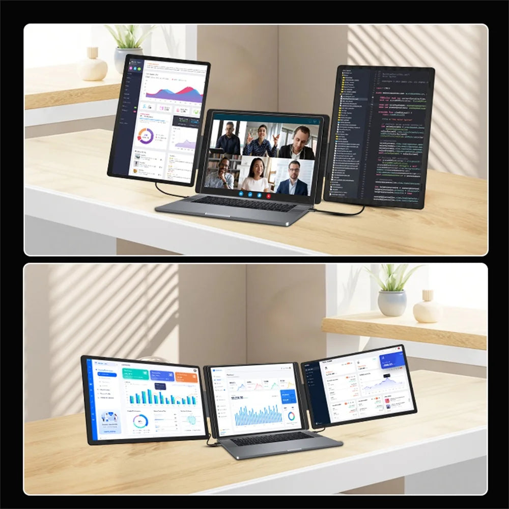 Portable Dual Screen Extender connected to a laptop using Type-C or HDMI connectivity